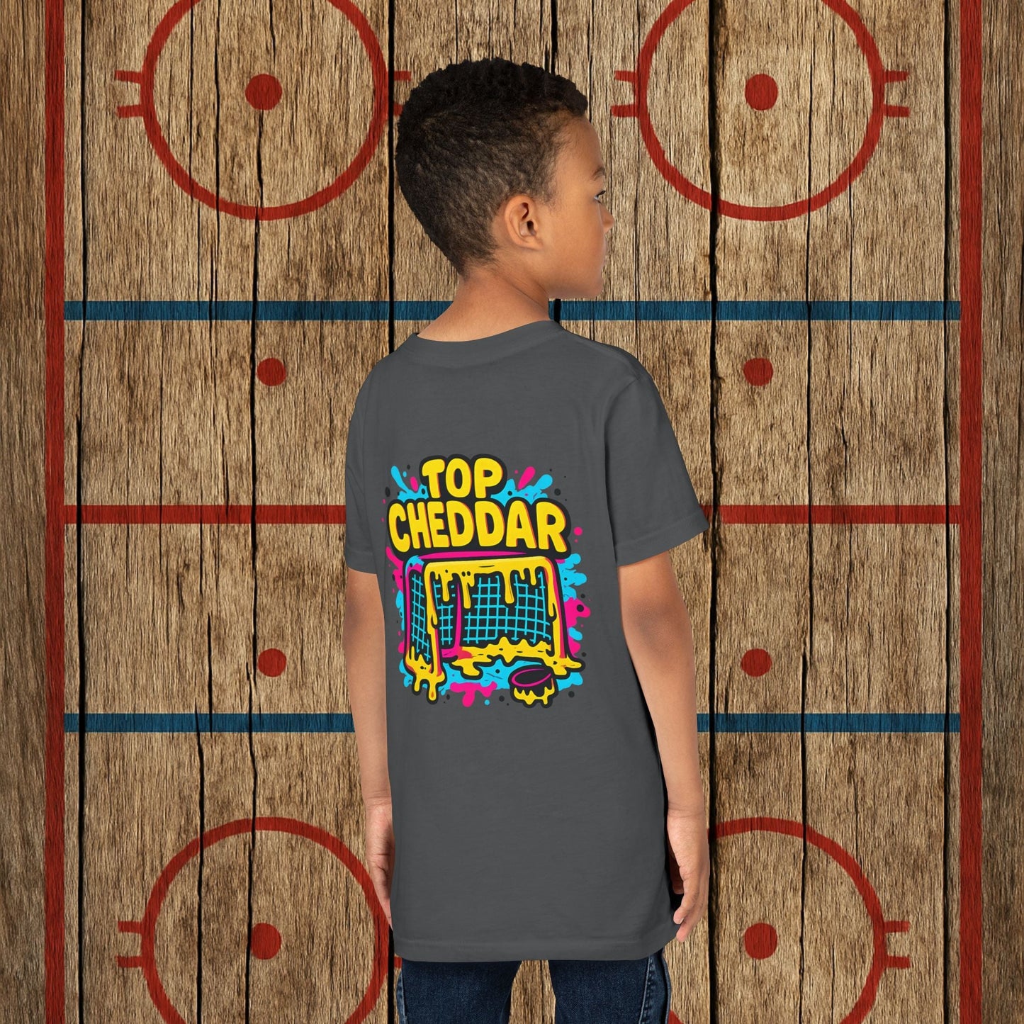 Youth Top Cheddar Hockey T-Shirt – Funny Kids Hockey Shirt for Snipers and Rink Rats