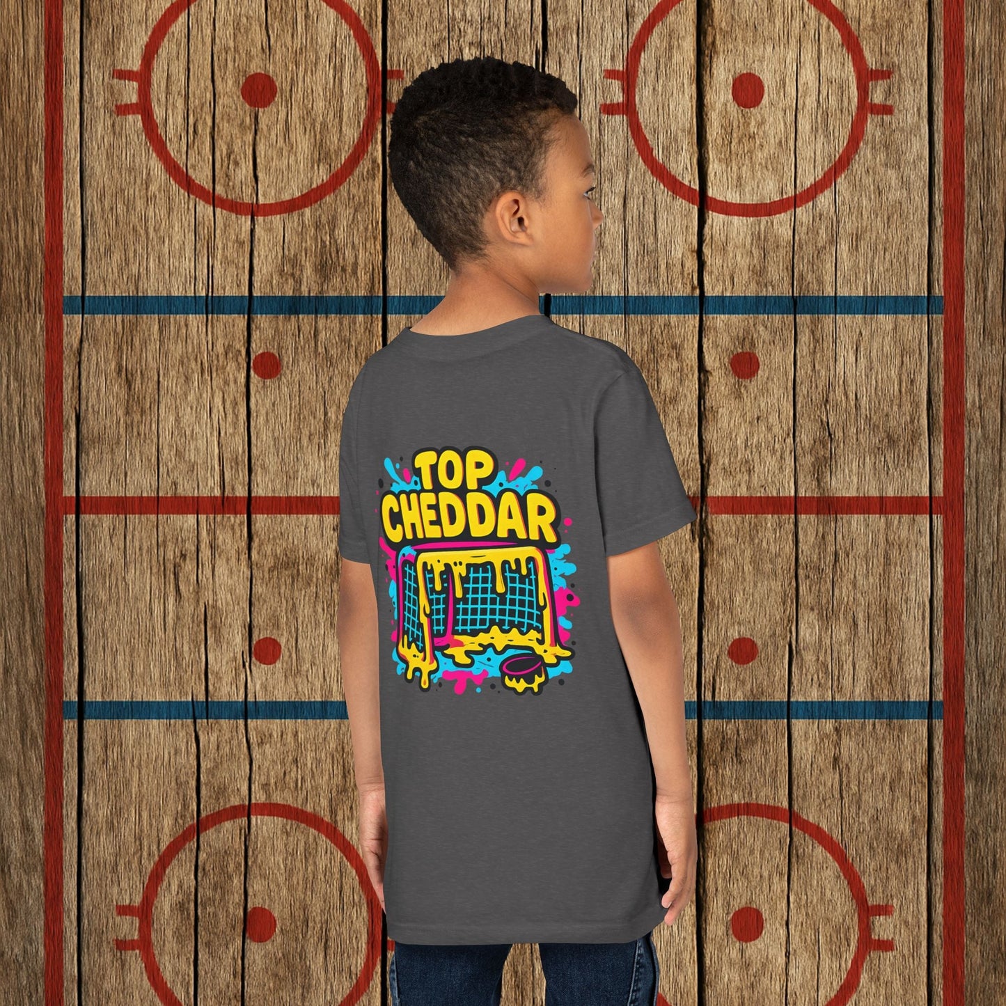 Youth Top Cheddar Hockey T-Shirt – Funny Kids Hockey Shirt for Snipers and Rink Rats