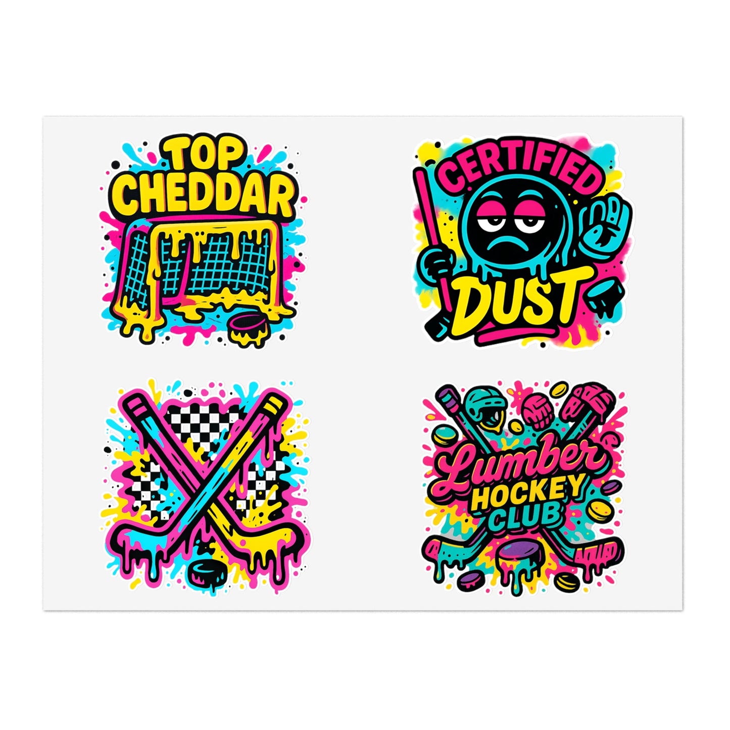 Lumber Hockey Club Sticker Sheet – Neon Drip, Top Cheddar, Certified Dust & Hockey Stick Vinyl Stickers