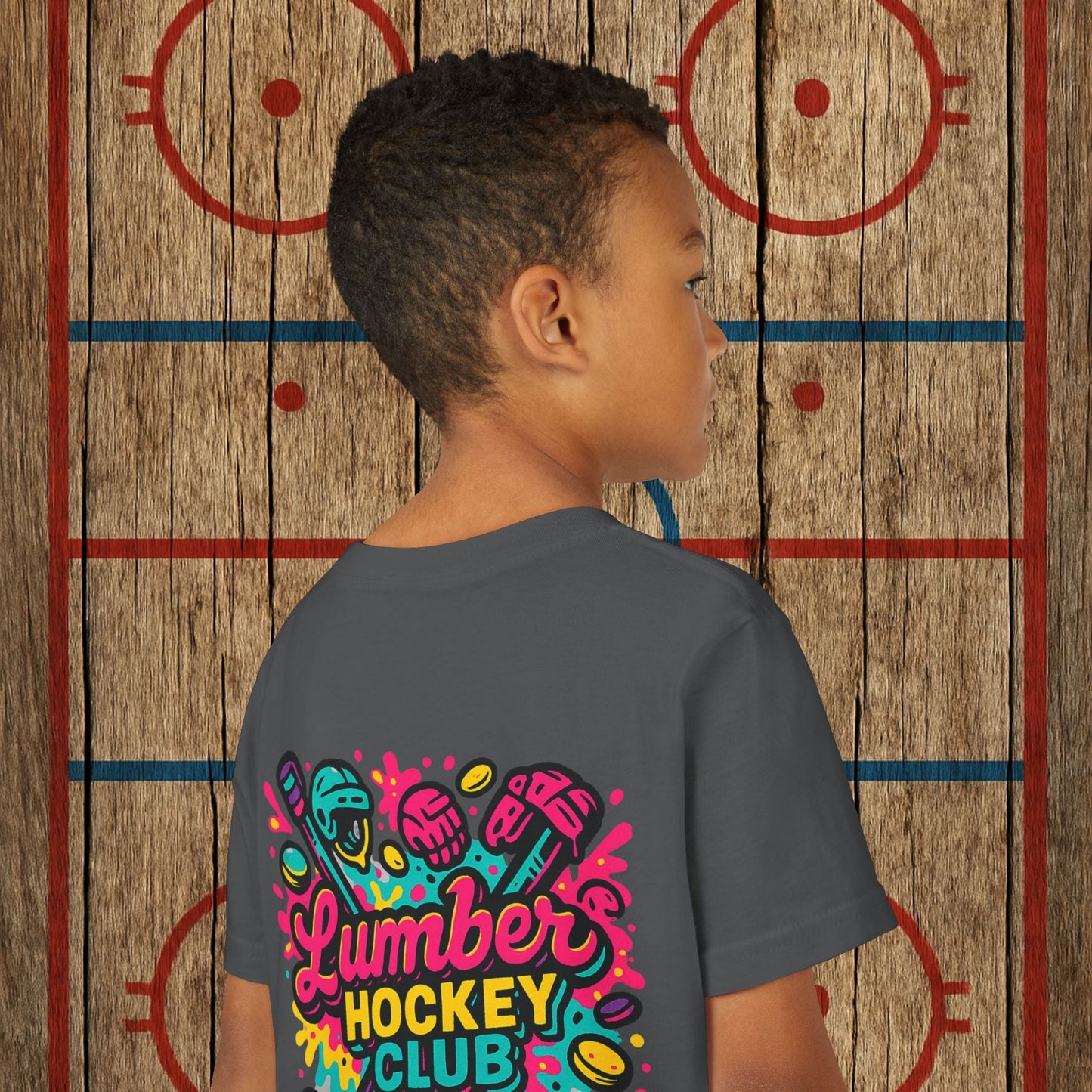 Youth Lumber Hockey Club Neon Drip Shirt – 90s Retro Hockey Kid Tee