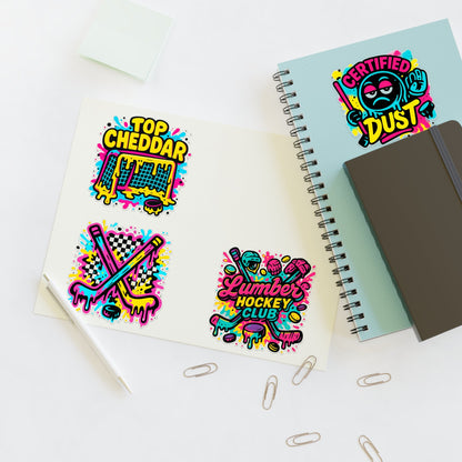 Lumber Hockey Club Sticker Sheet – Neon Drip, Top Cheddar, Certified Dust & Hockey Stick Vinyl Stickers