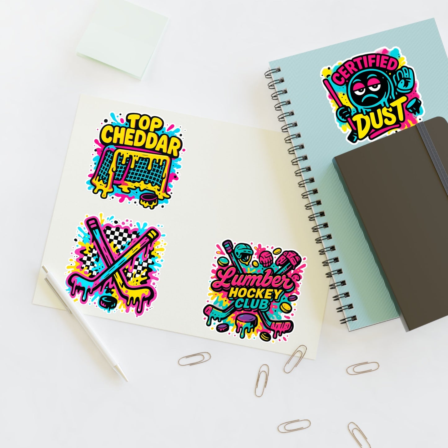 Lumber Hockey Club Sticker Sheet – Neon Drip, Top Cheddar, Certified Dust & Hockey Stick Vinyl Stickers